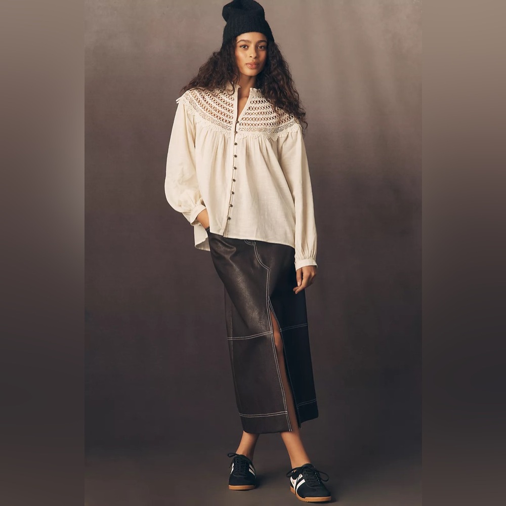 Anthropologie Pilcro Cream Button-Down Blouse with Lace Yoke